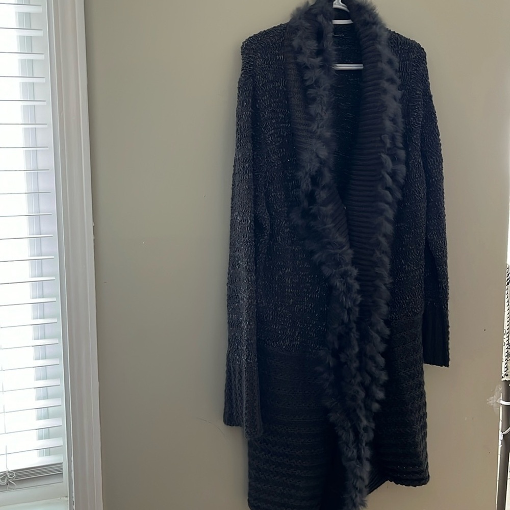 [2XL]Sioni Snap Button Rabbit Fur Trim Mixed Texture Cardigan - Picture 1 of 13